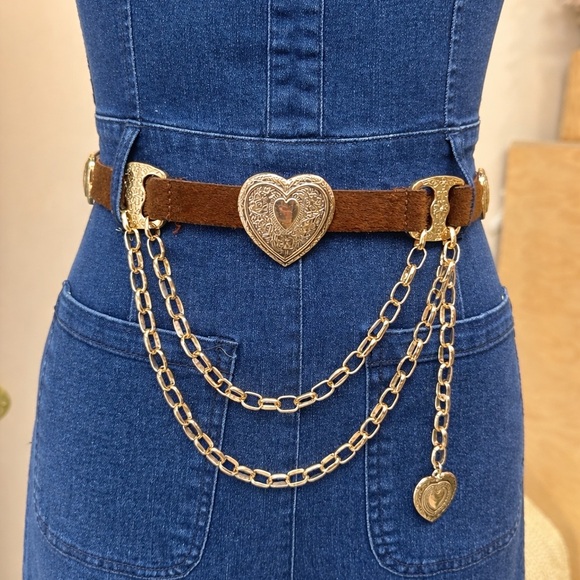 Accessories - Brown Cowhide Gold Heart Concho Chain Belt – Western Drape Statement Accessory